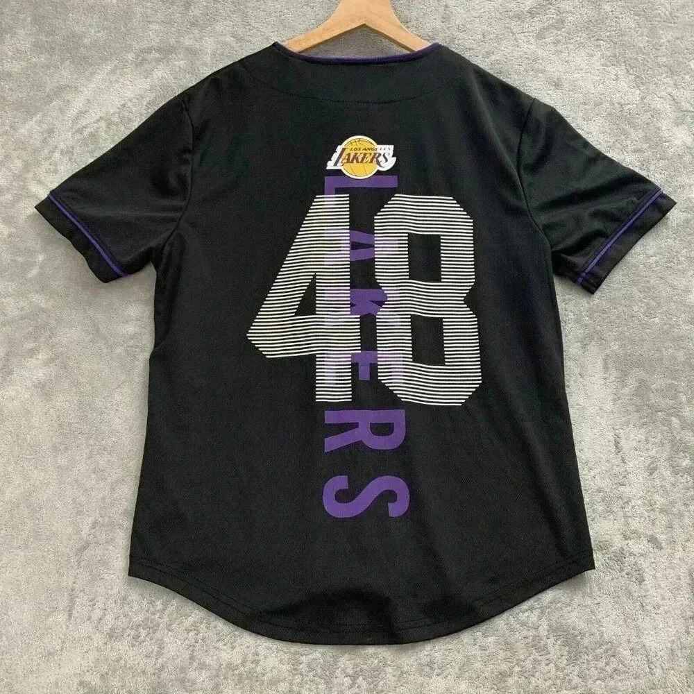 Los Angeles Lakers Jersey Mens Medium Black Button Down NBA Unk Basketball #48